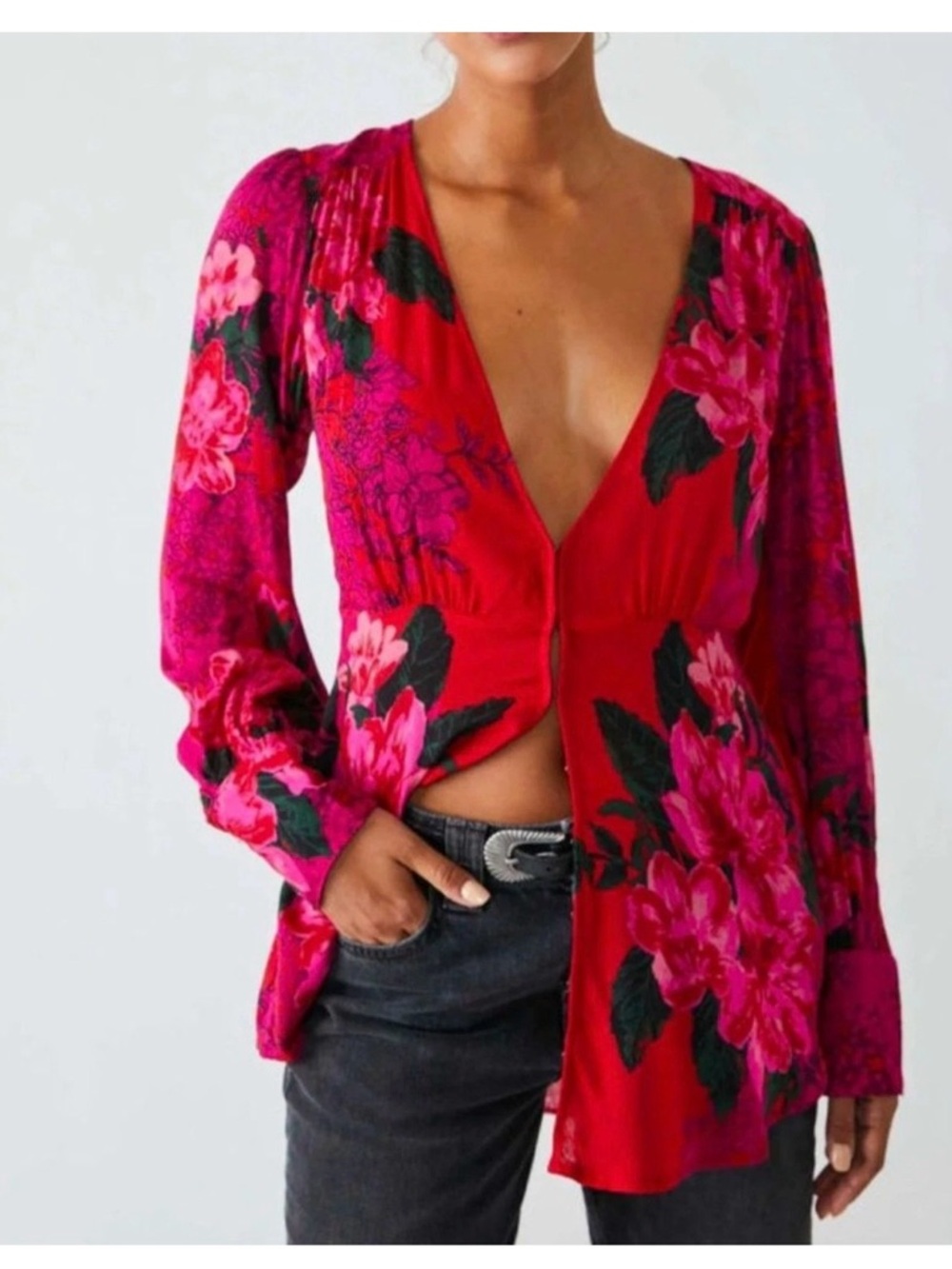 Free People‎ Mikayla Printed Blouse Scarlet Combo XS
